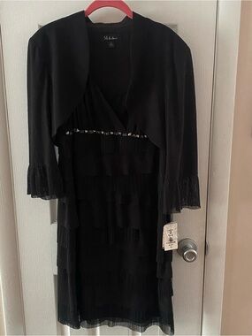 S.L. Fashions Black Tiered Fringe Dress with Matching Bolero